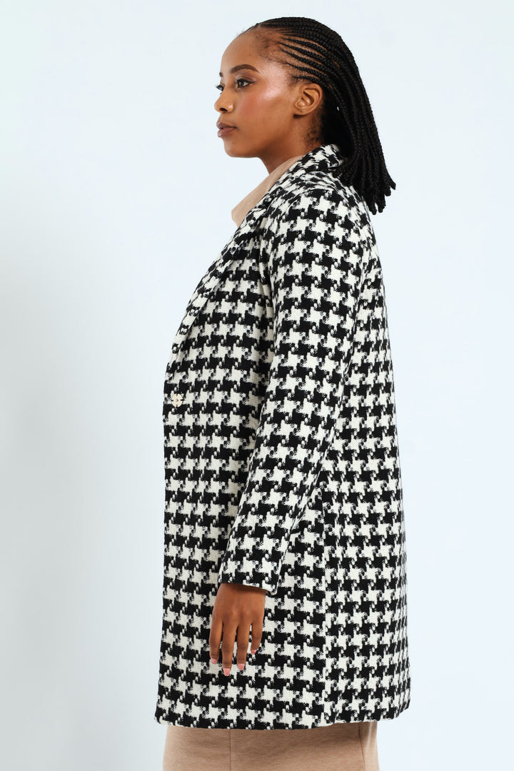 Charlotte Houndstooth Single Breasted Coat - Black/Cream