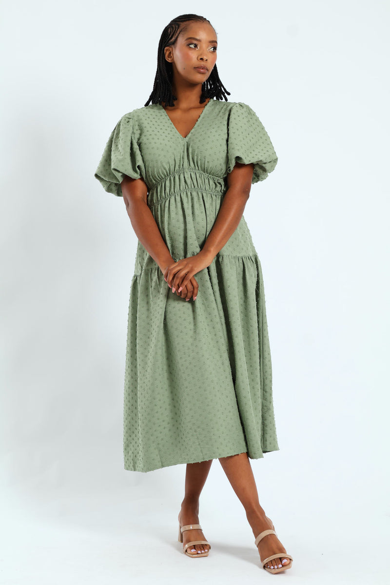 Ladies V-Neck Shirred Bodice Dobby Midaxi Dress