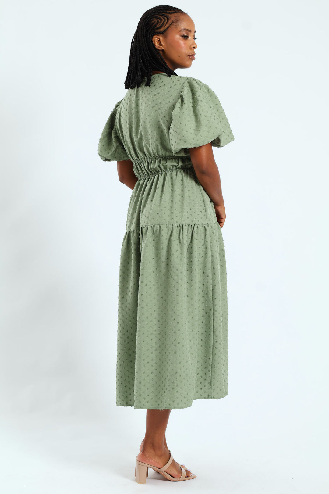V-Neck Shirred Bodice Dobby Midaxi Dress - Sage