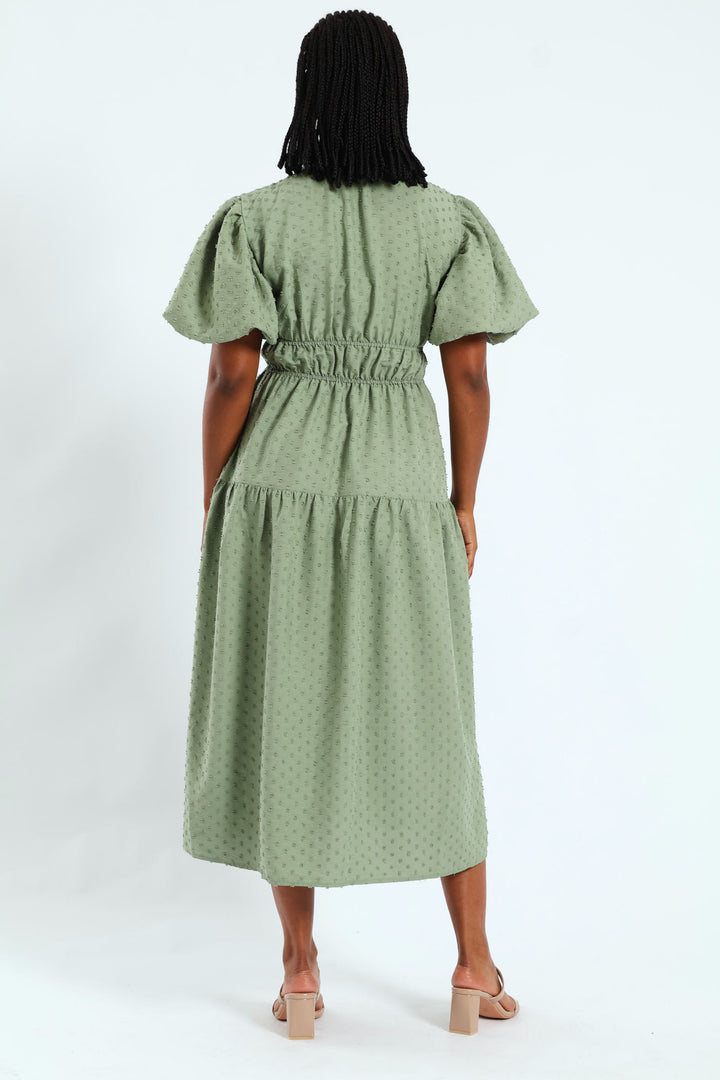 V-Neck Shirred Bodice Dobby Midaxi Dress - Sage