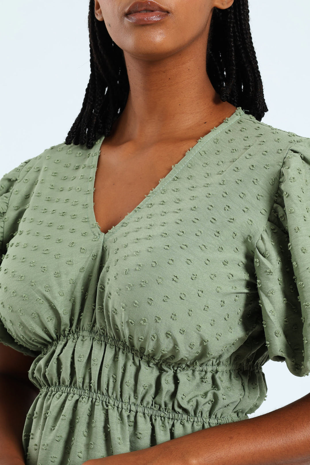 V-Neck Shirred Bodice Dobby Midaxi Dress - Sage