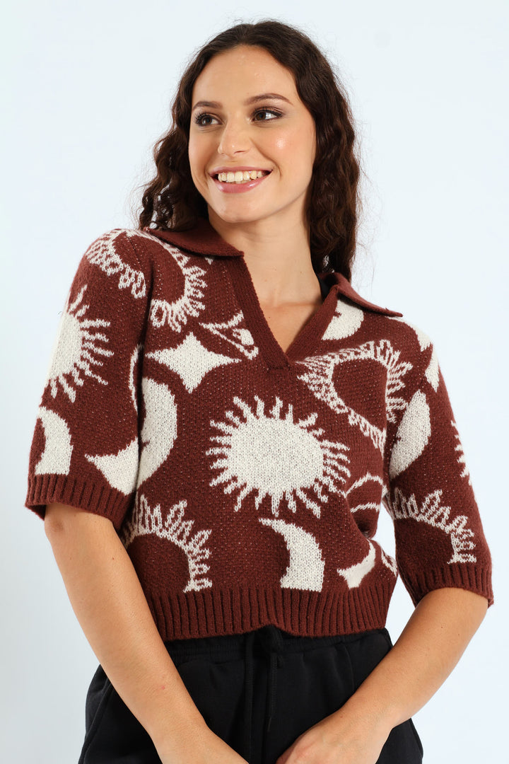 Pattern Collar Knitwear - Brick