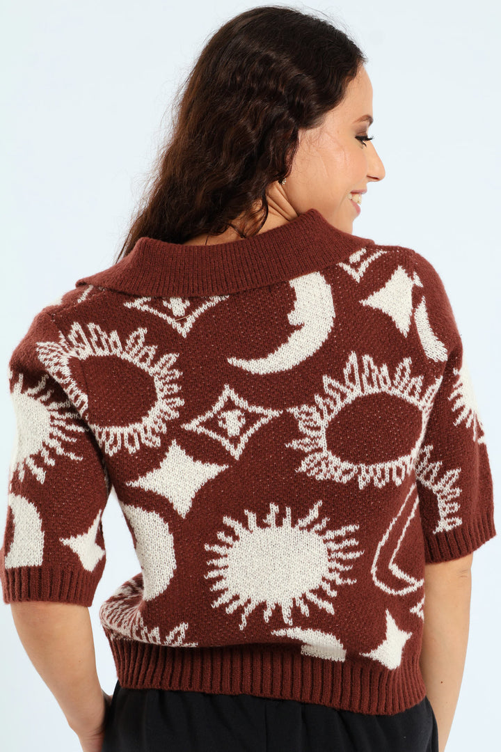 Pattern Collar Knitwear - Brick