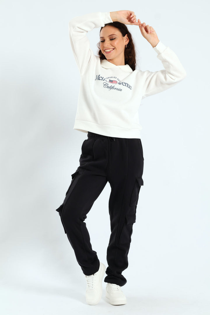 Printed Collar Fleece Top - White