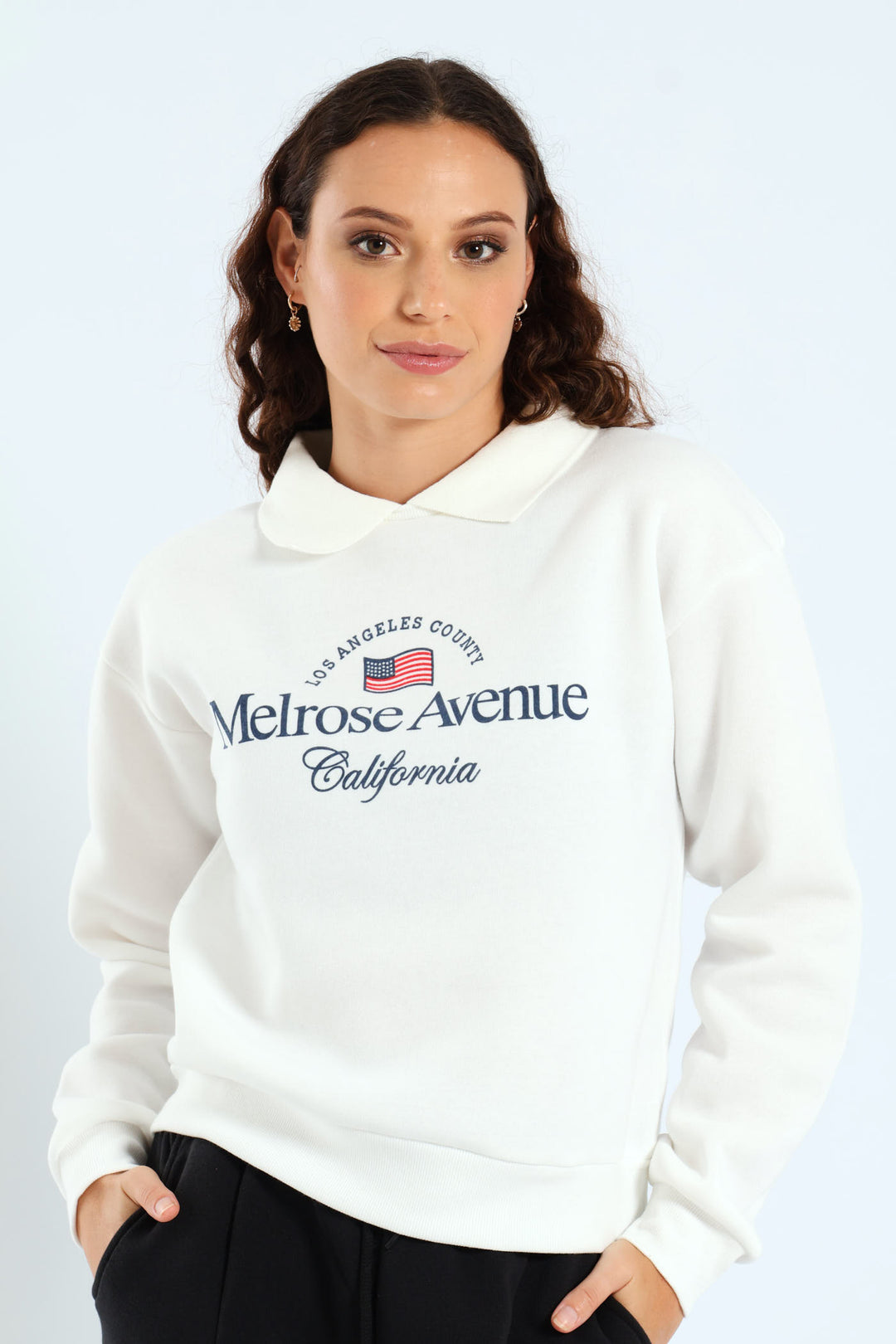 Printed Collar Fleece Top - White