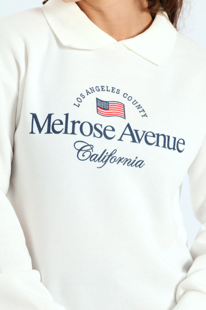 Printed Collar Fleece Top - White