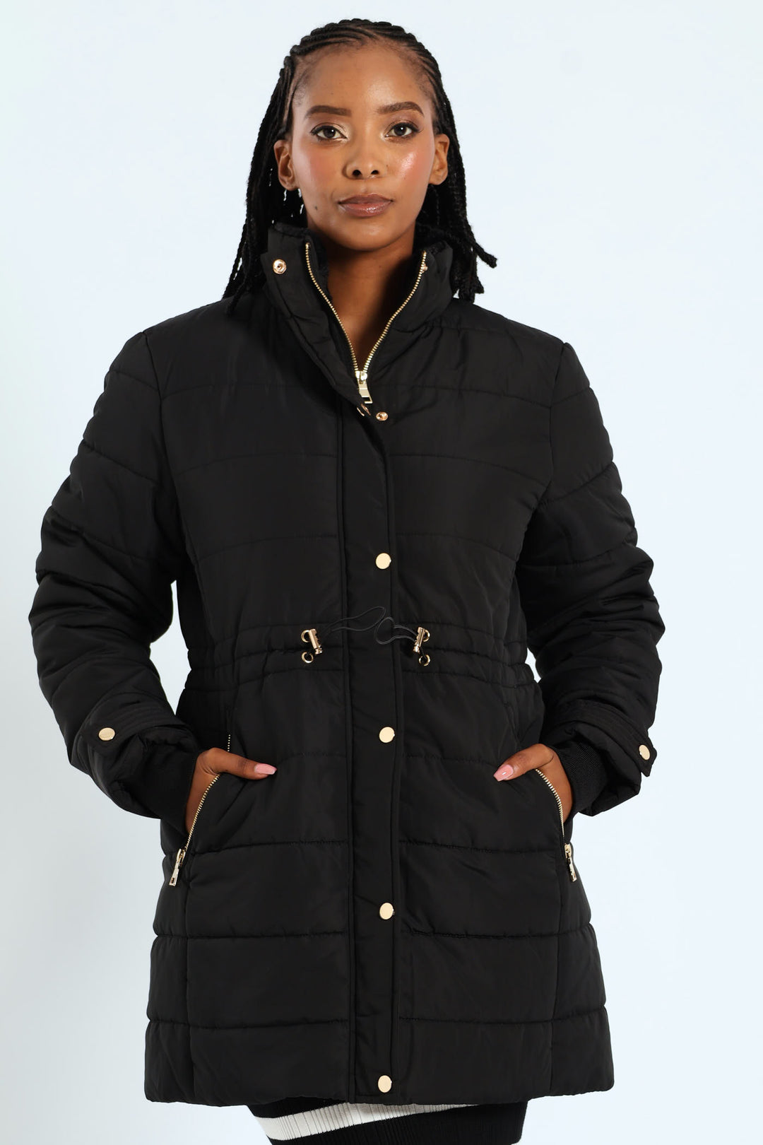 Waisted Quilted Parka Puffer Jacket Black - Main Image