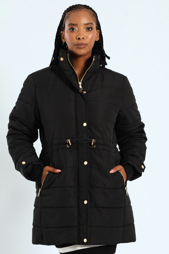 Waisted Quilted Parka Puffer Jacket - Black