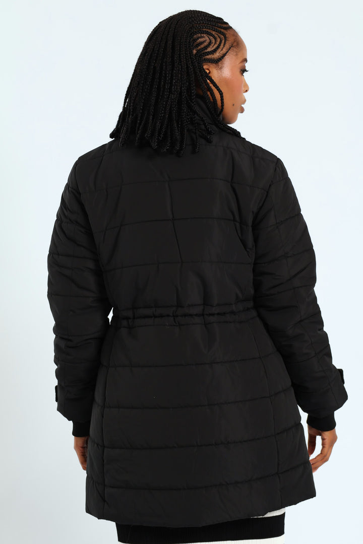 Waisted Quilted Parka Puffer Jacket - Black