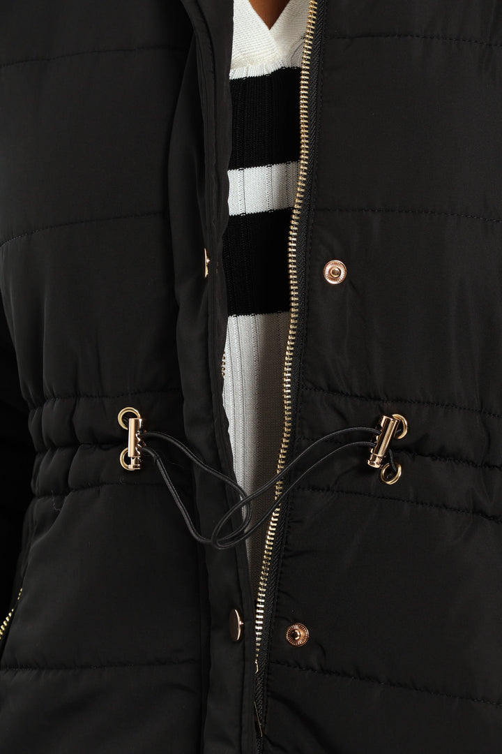 Waisted Quilted Parka Puffer Jacket - Black