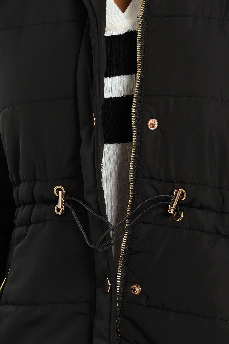 Waisted Quilted Parka Puffer Jacket - Black