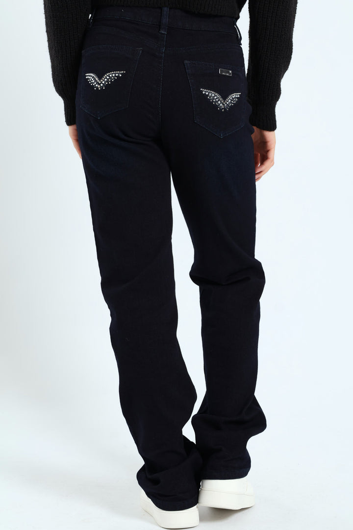 Mid Waist Straight Leg Jean - Blue/Black