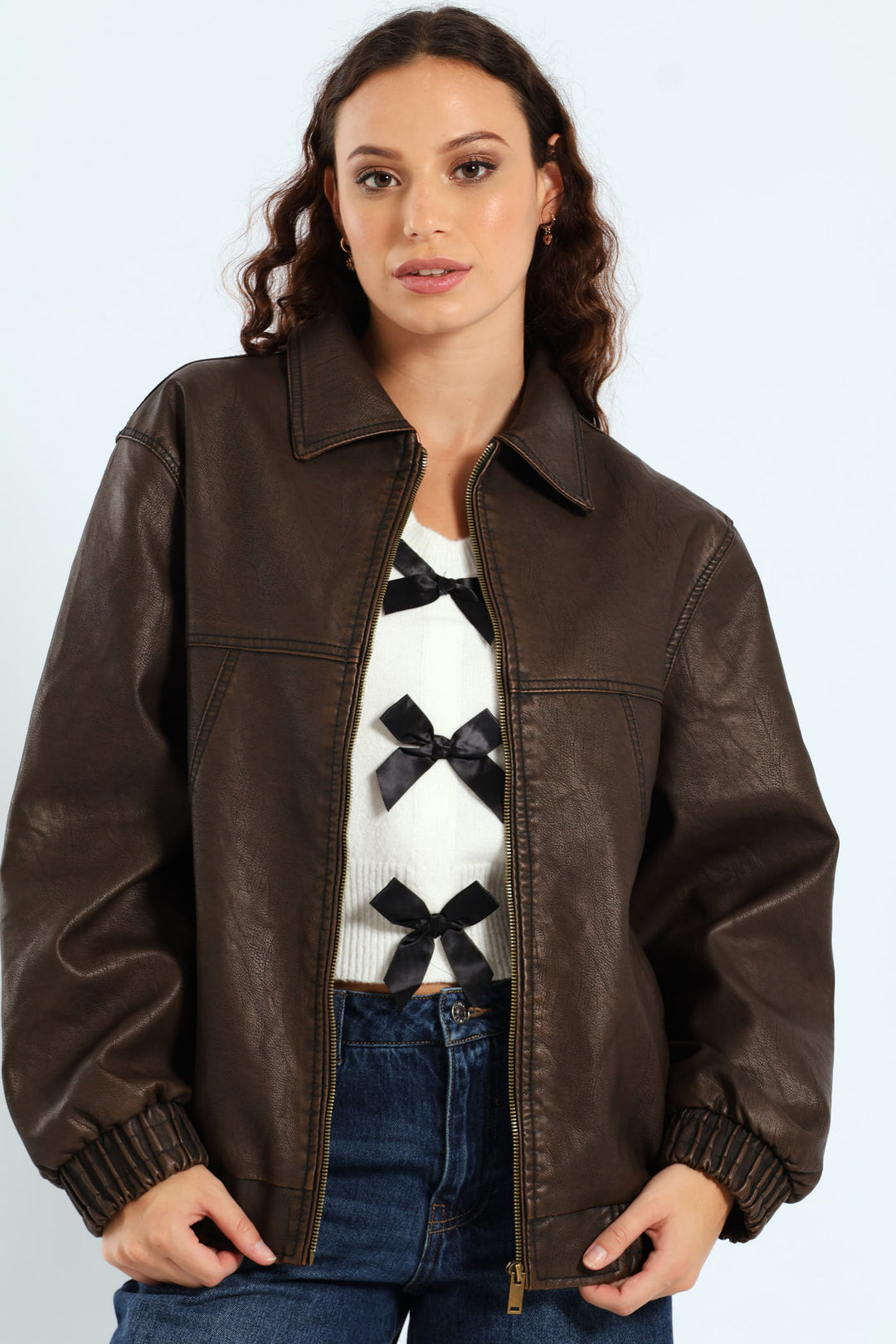 Oversized PU Bomber Jacket - Bronze