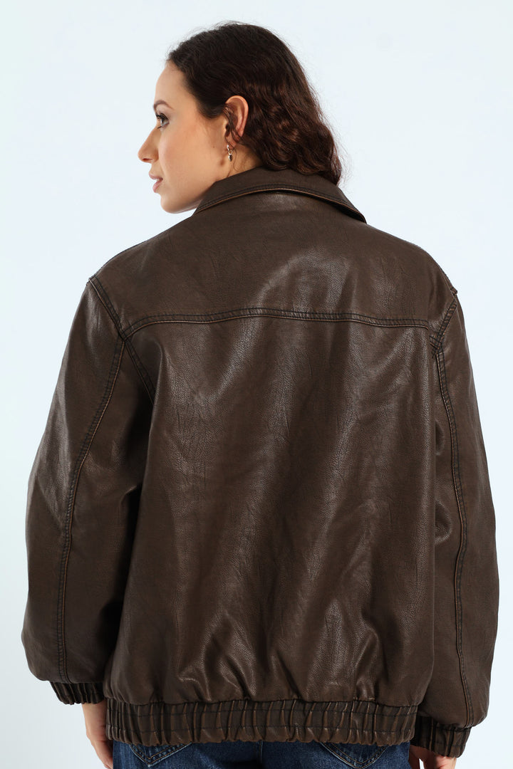 Oversized PU Bomber Jacket - Bronze