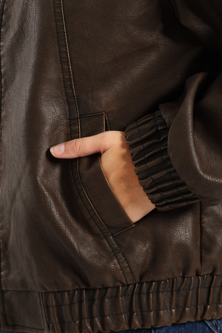 Oversized PU Bomber Jacket - Bronze
