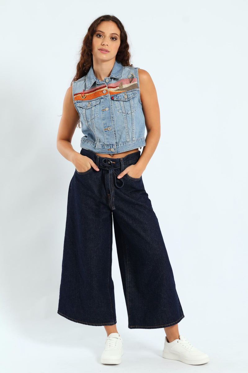 Embroidered Denim Vest - Blue