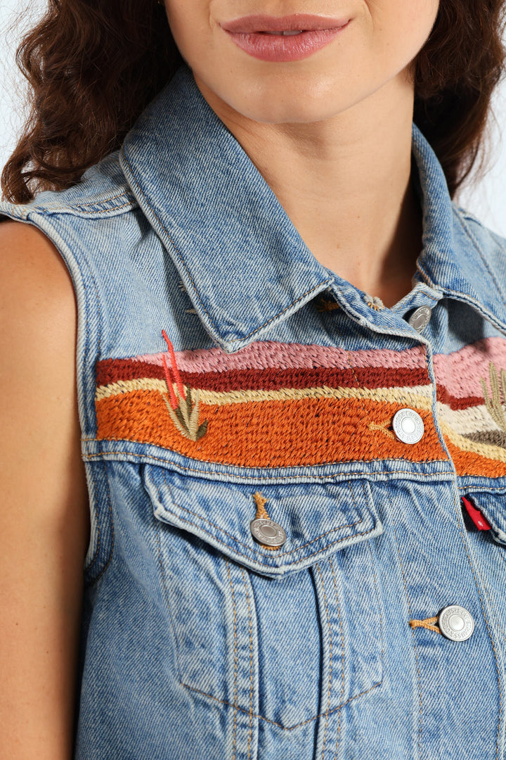 Embroidered Denim Vest - Blue