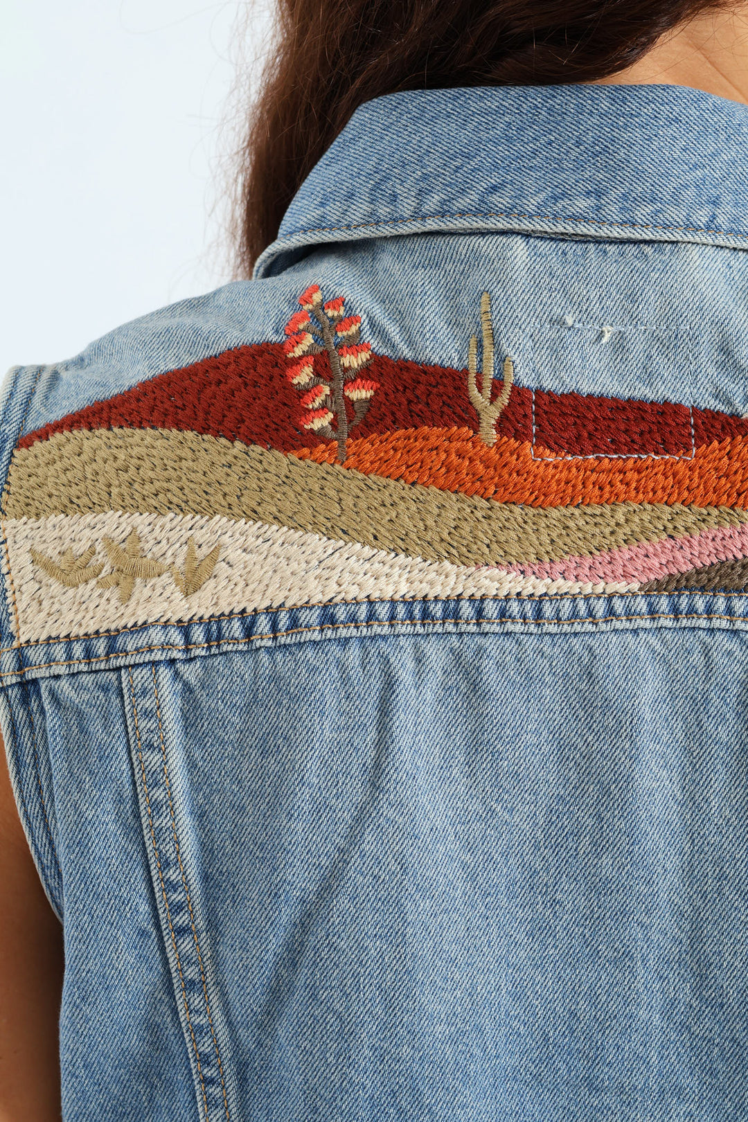 Embroidered Denim Vest - Blue