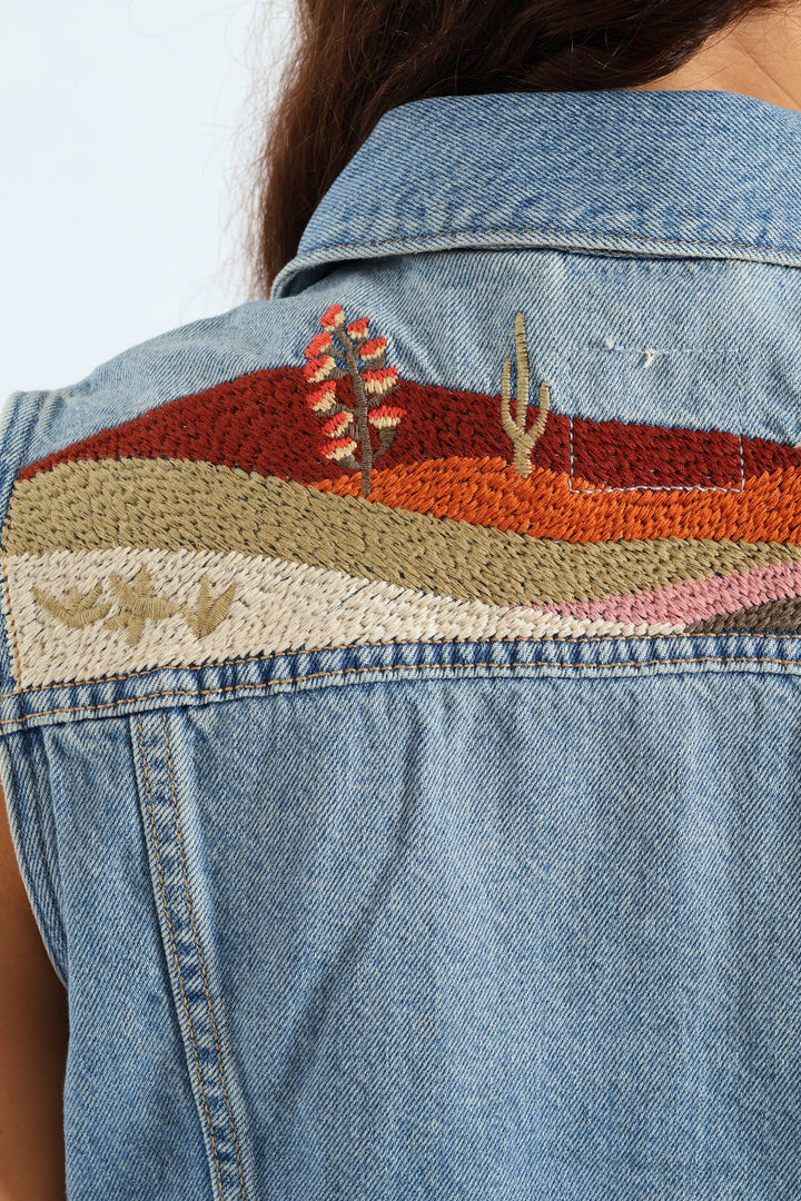 Embroidered Denim Vest - Blue