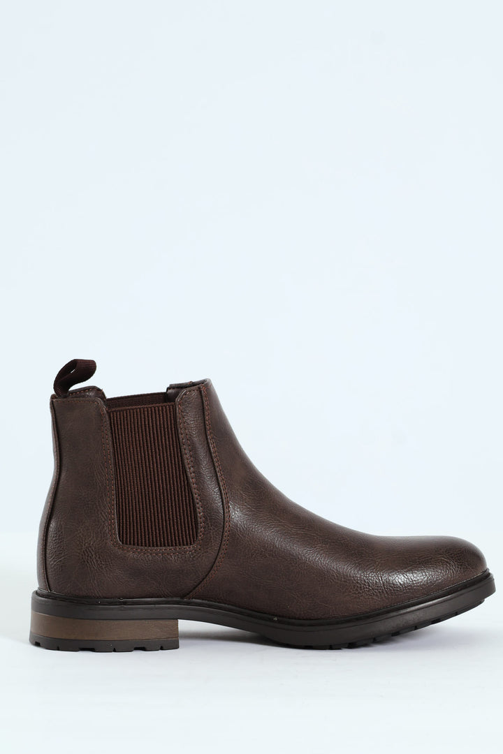 Ethan Pebbled Pu Elastic Gusset Chelsea Boot - Brown