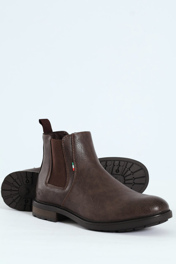 Ethan Pebbled Pu Elastic Gusset Chelsea Boot - Brown
