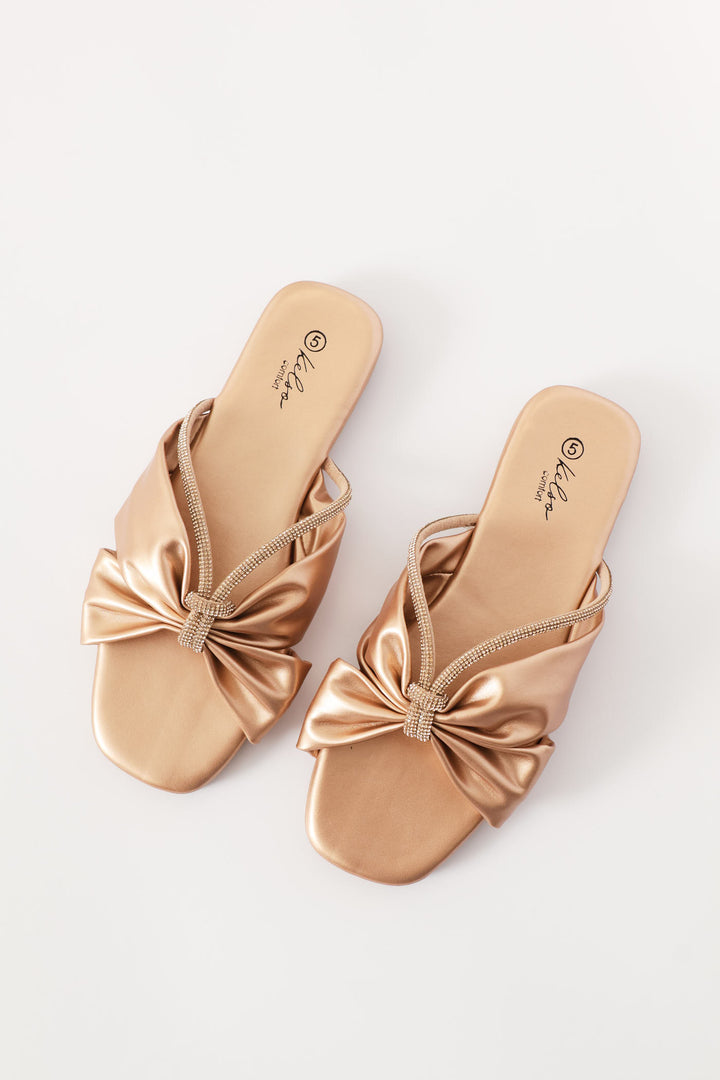 Comfort Sandal With Bow And Diamante Detail - Rose Gold