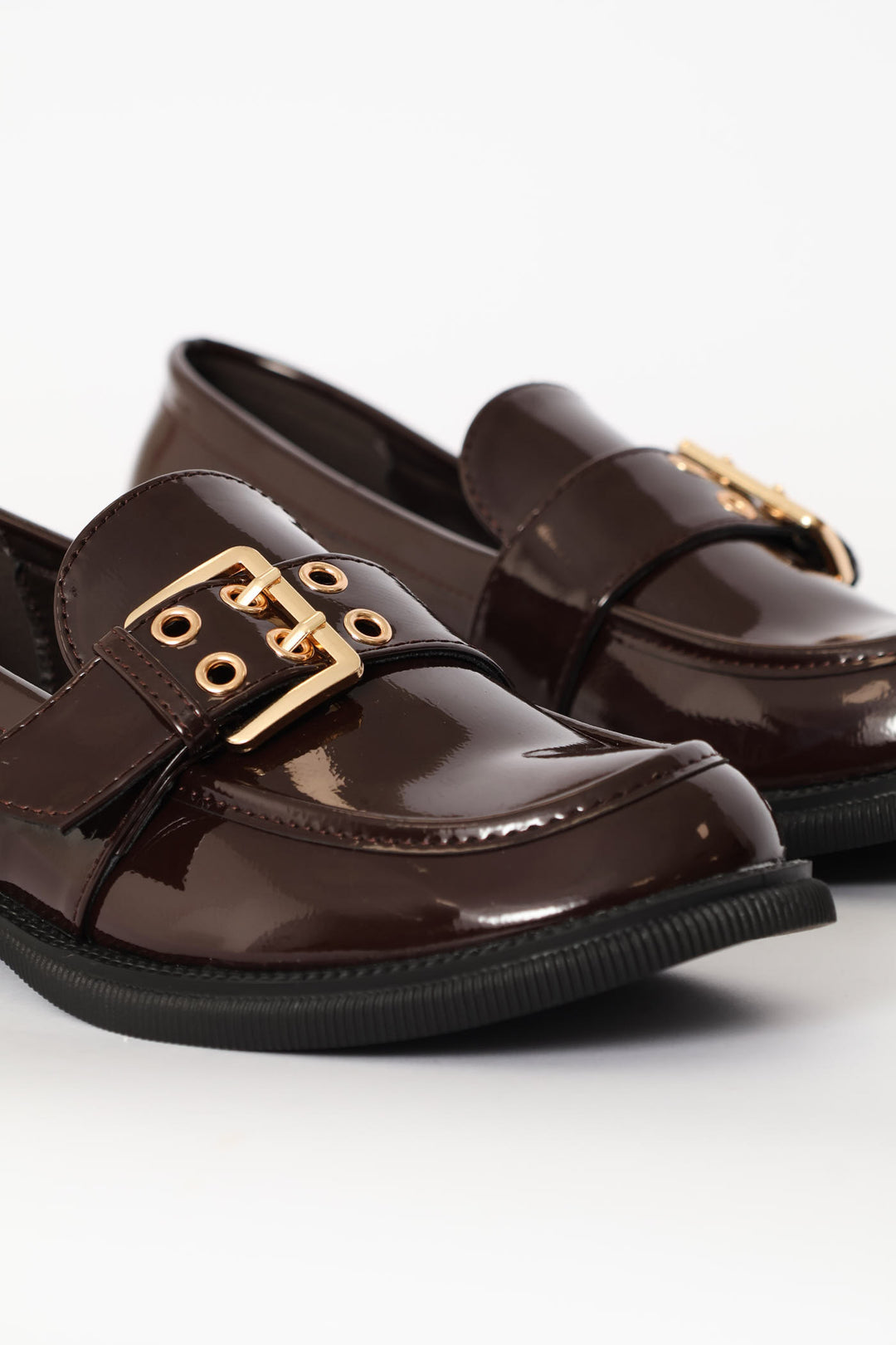 Crinkle Faux Leather Loafer With Buckle And Eyelet Detail - Chocolate