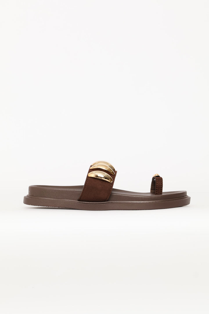 Toe Post Slide With Trim Detailed Single Band - Chocolate
