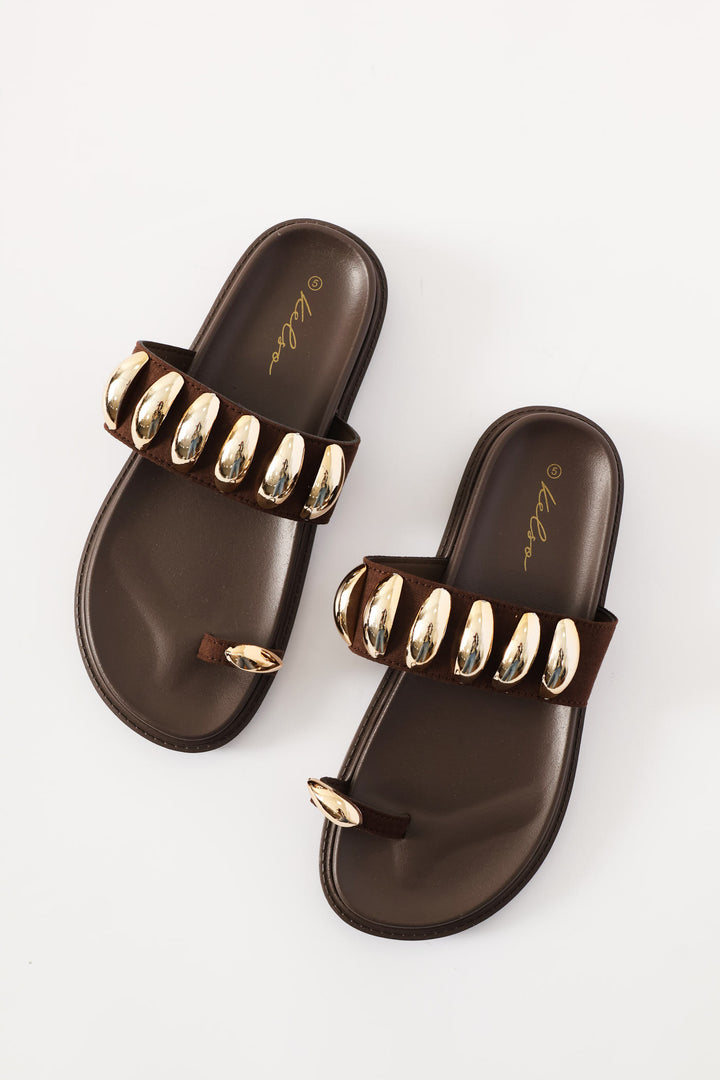 Toe Post Slide With Trim Detailed Single Band - Chocolate