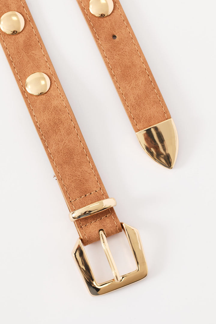 Gold Stud Faux Suede Belt-3Cm - Tan