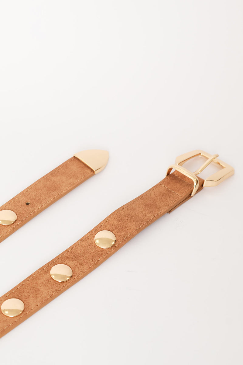 Gold Stud Faux Suede Belt-3Cm - Tan