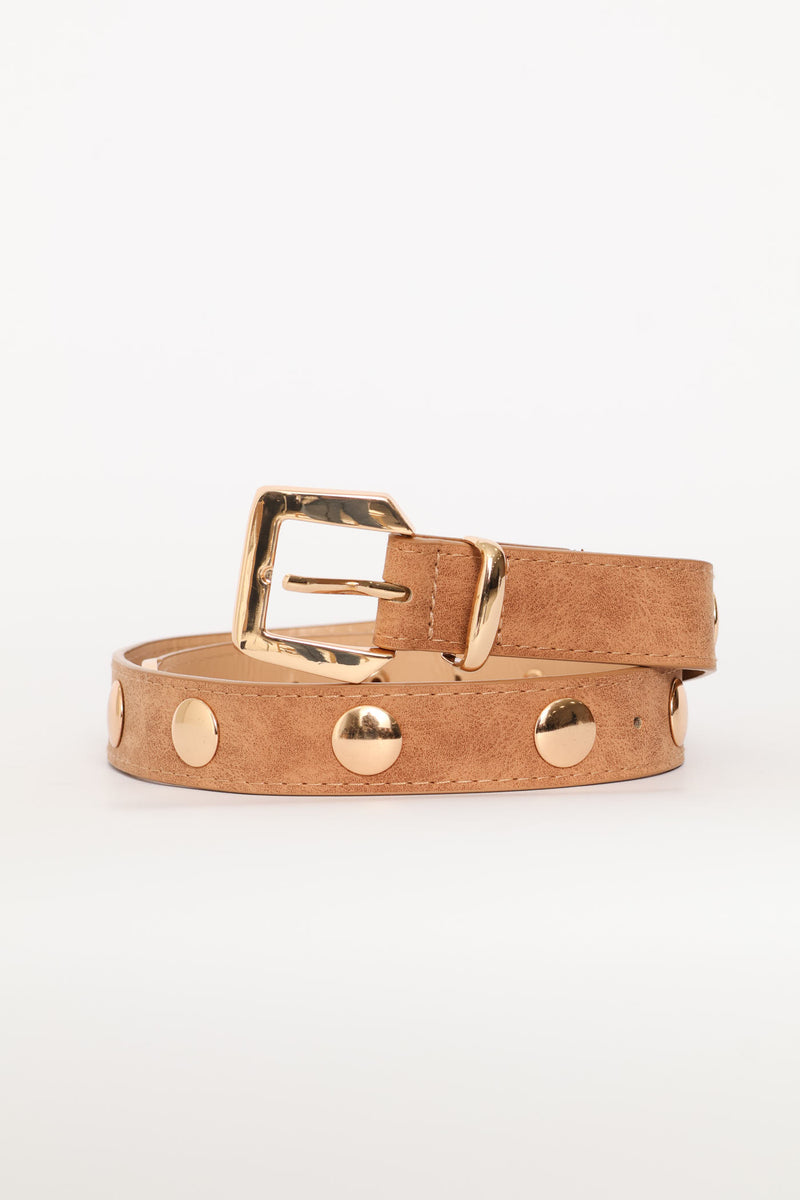 Gold Stud Faux Suede Belt-3Cm - Tan