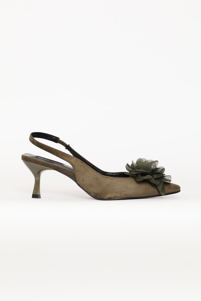 Chiffon Flower Slingback Kitten Heel - Fatigue