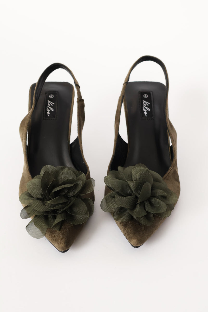 Chiffon Flower Slingback Kitten Heel - Fatigue