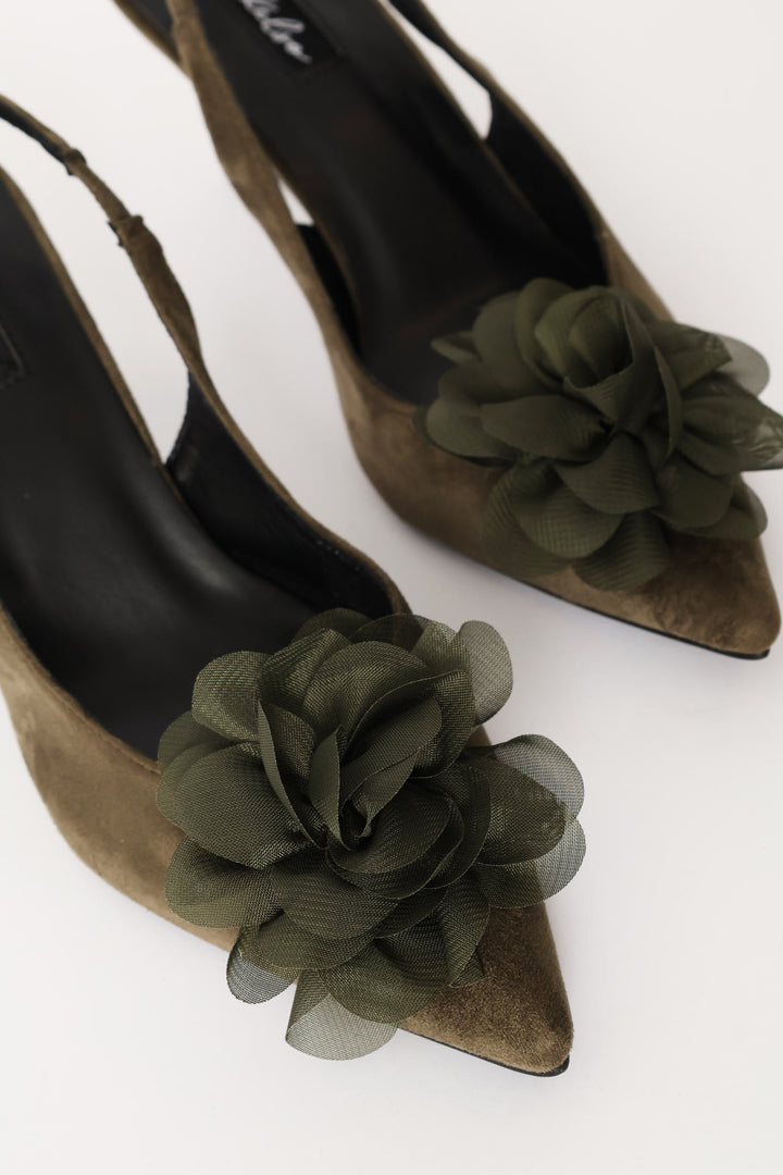 Chiffon Flower Slingback Kitten Heel - Fatigue