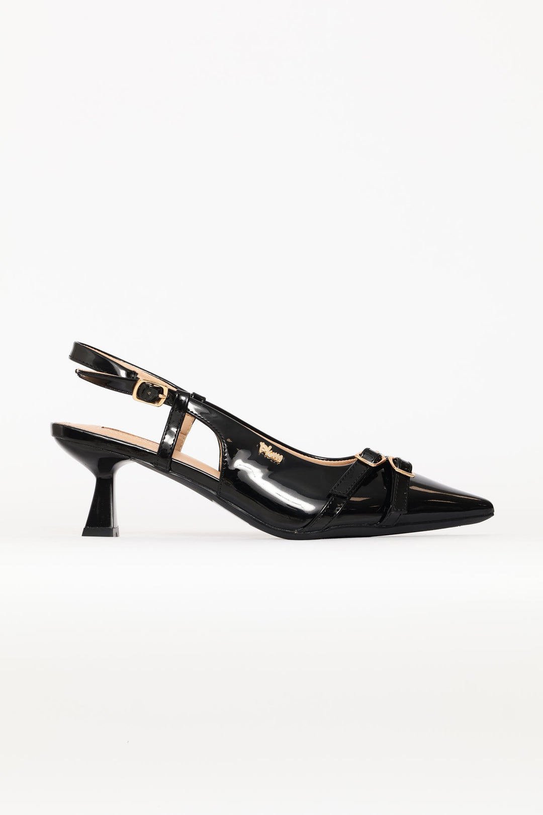 Gold Buckle Ankle Strap Heel - Black