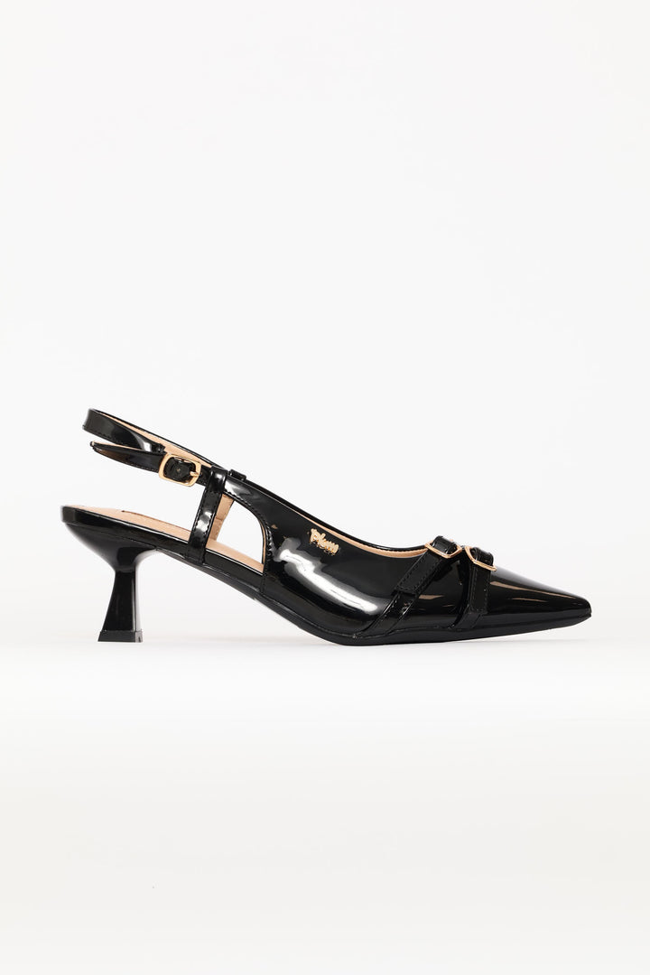 Gold Buckle Ankle Strap Heel - Black