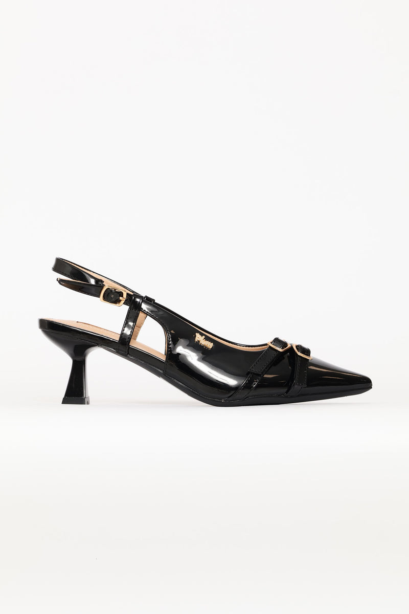 Gold Buckle Ankle Strap Heel - Black