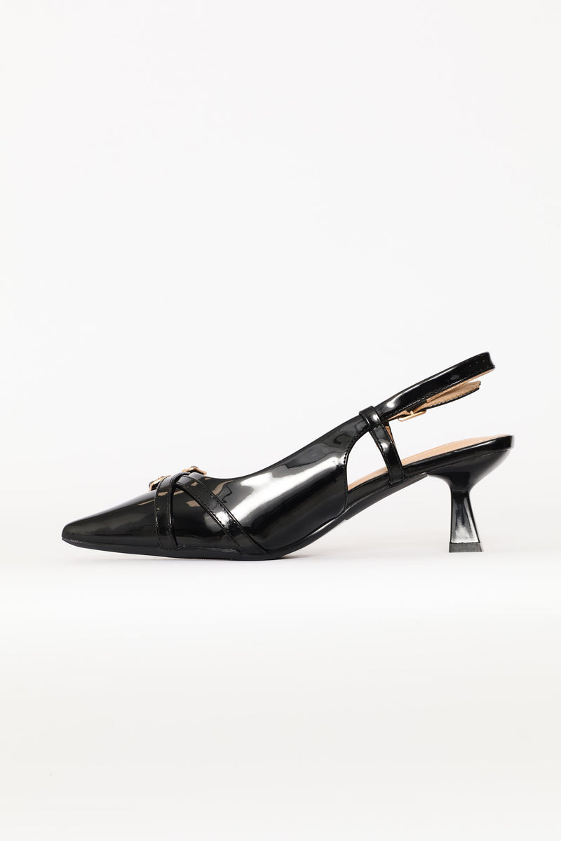 Gold Buckle Ankle Strap Heel - Black
