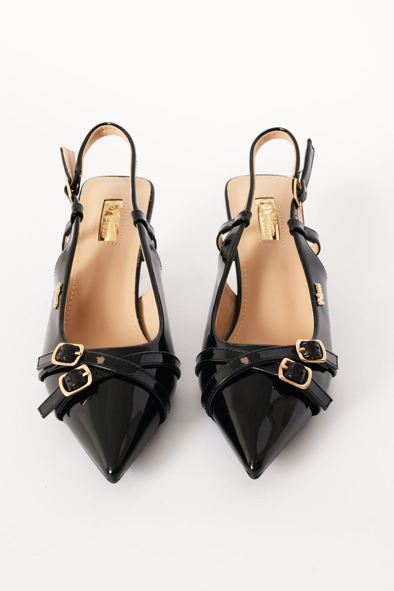 Gold Buckle Ankle Strap Heel - Black