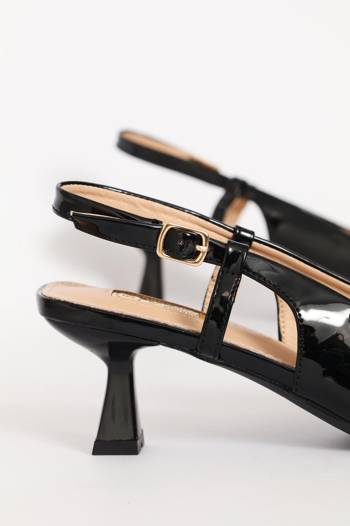 Gold Buckle Ankle Strap Heel - Black