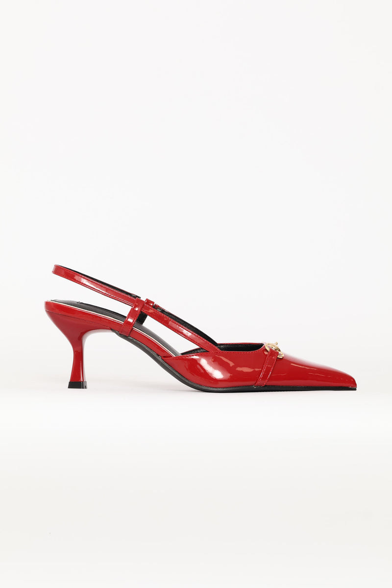 Pointy Patent Metal Trim Kitten Heel - Dark Red