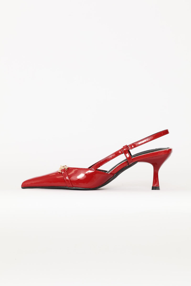 Pointy Patent Metal Trim Kitten Heel - Dark Red