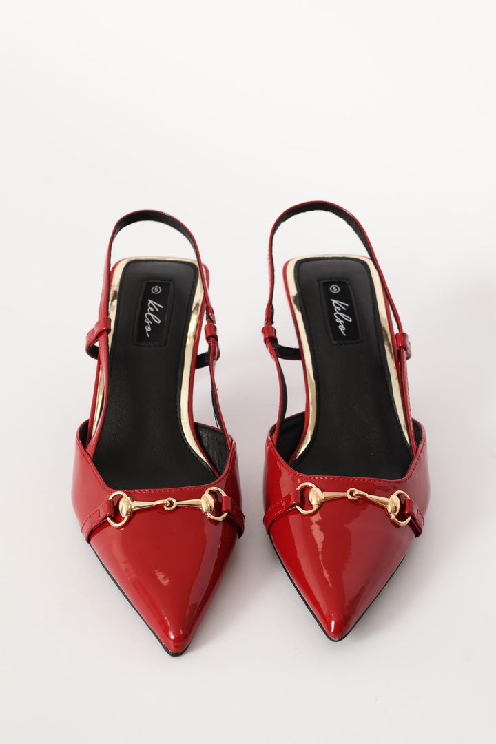 Pointy Patent Metal Trim Kitten Heel - Dark Red