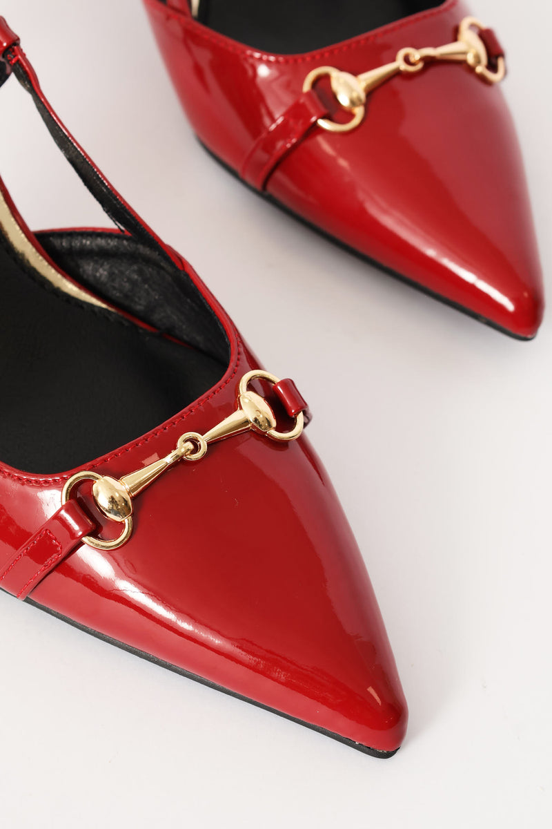 Pointy Patent Metal Trim Kitten Heel - Dark Red