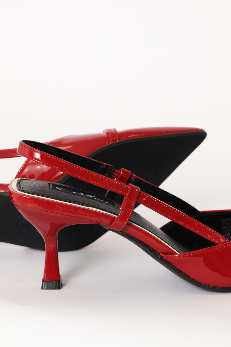 Pointy Patent Metal Trim Kitten Heel - Dark Red