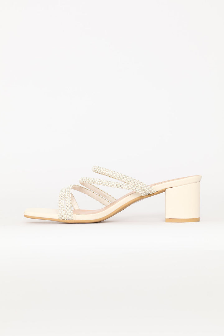 Diamante Strap Block Heel - White