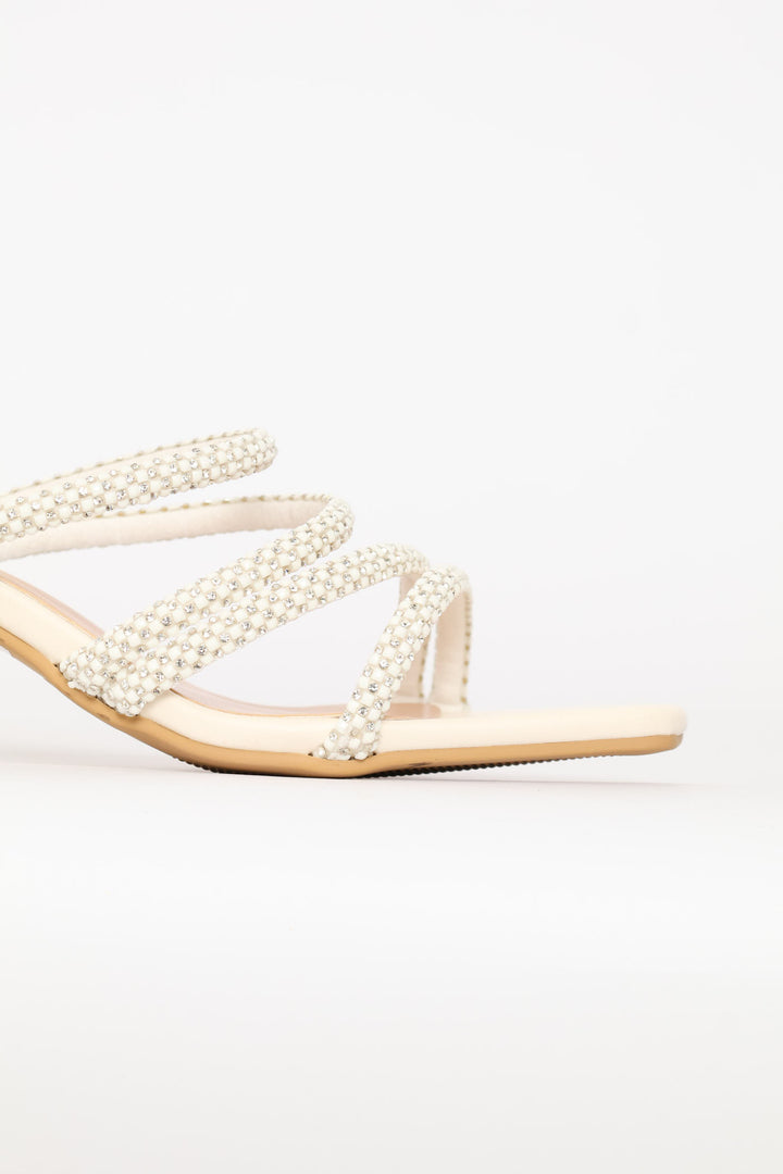 Diamante Strap Block Heel - White