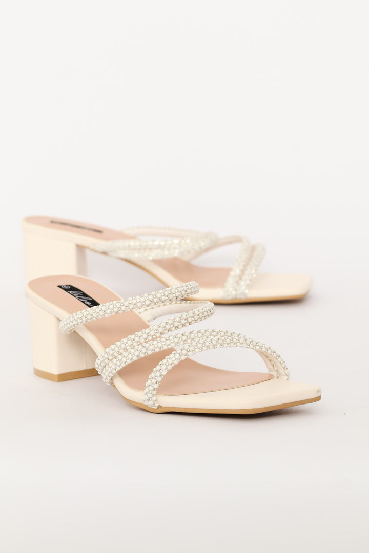 Diamante Strap Block Heel - White