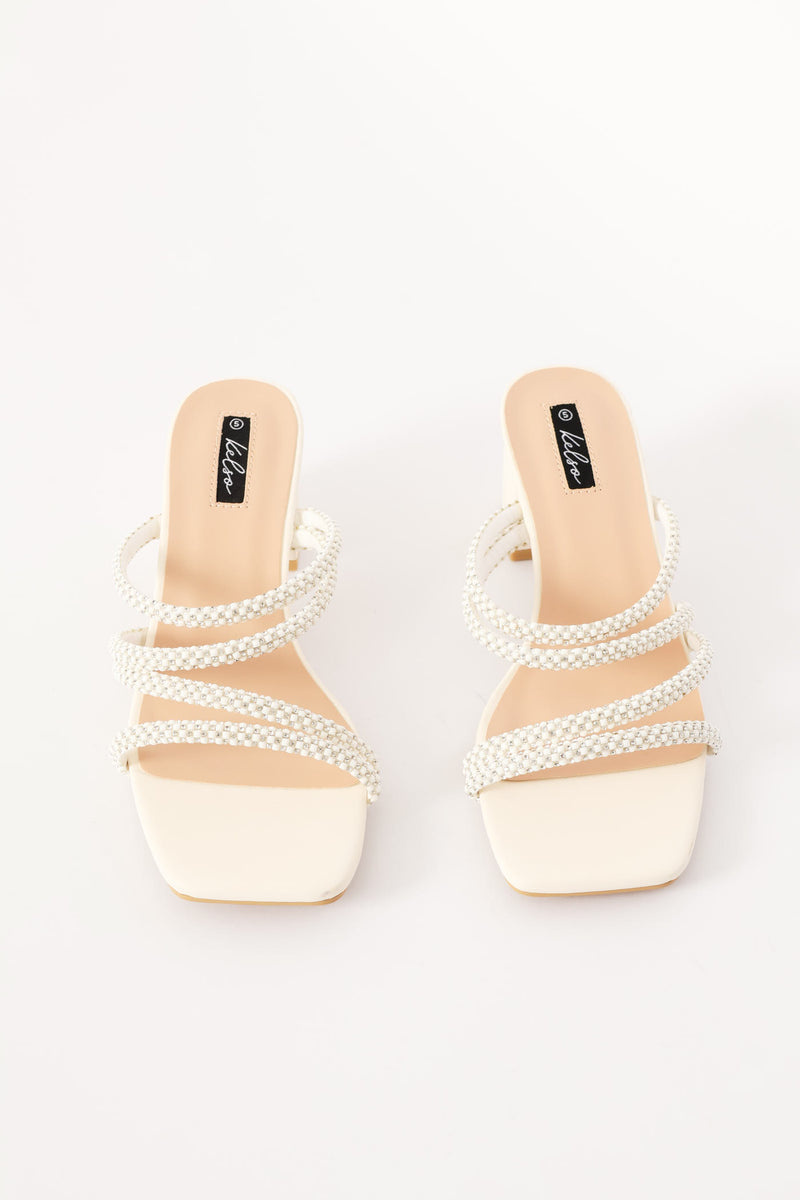Diamante Strap Block Heel - White